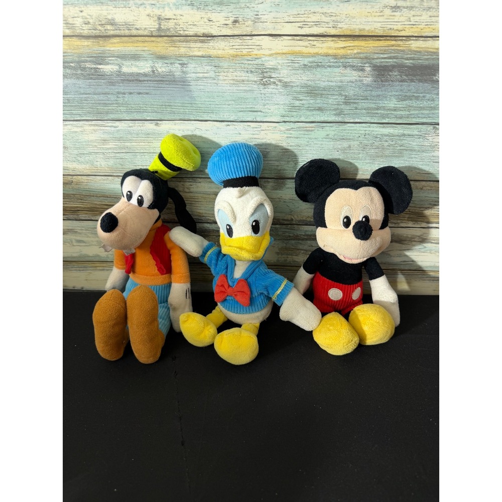 Disney Plush Mickey Mouse Donald Duck Goofy Set 9" Multicolor Excellent Corduroy